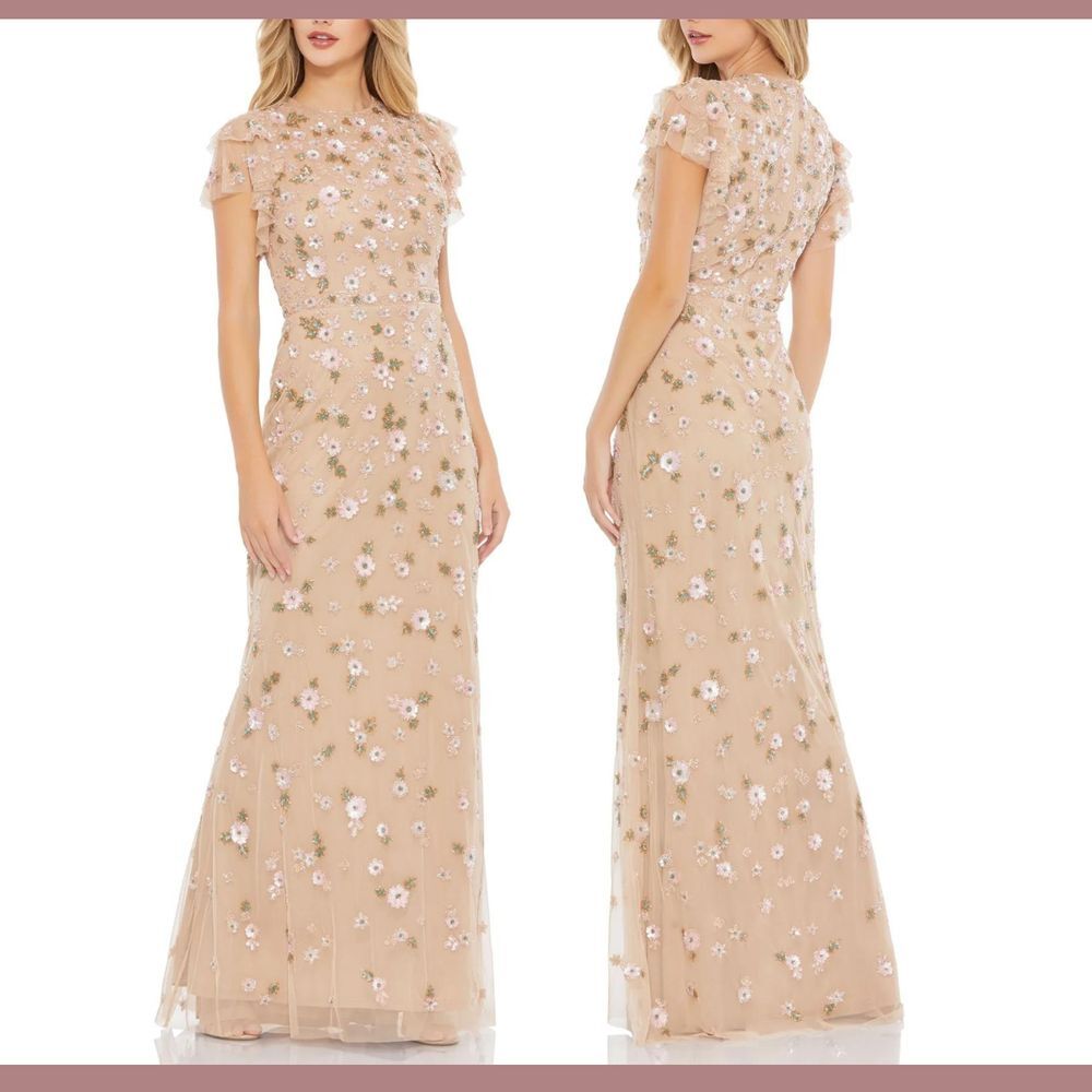 NWT $538‎ Mac Duggal [ 6 ] Embellished High Neck Flutter Sleeve Gown Nude #9086